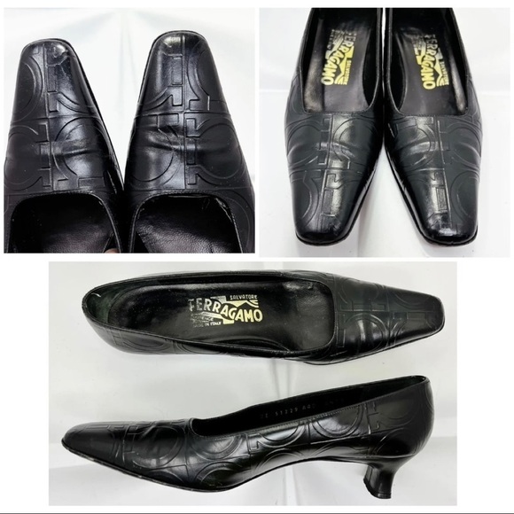 Salvatore Ferragamo Sz 6.5 AA Black Logo Horseshoe Embossed Square Toe Pumps - Picture 1 of 12